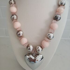 Puff Heart Pendant Necklace with Pink and Silver-tone Beads